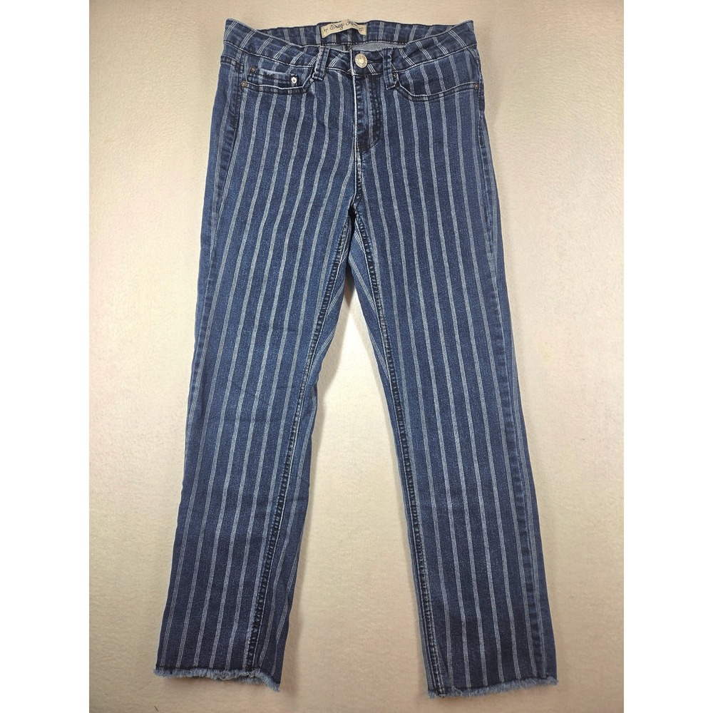 Indigo Rein Striped Jeans Womens 7 Blue White Pinstripe Raw Hem Straight Leg